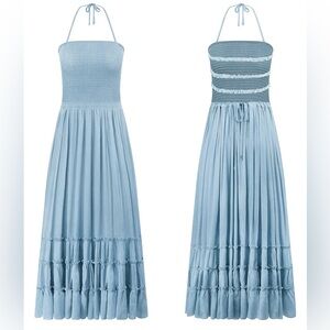 Baby Blue Womens Summer Boho Backless Maxi Dress